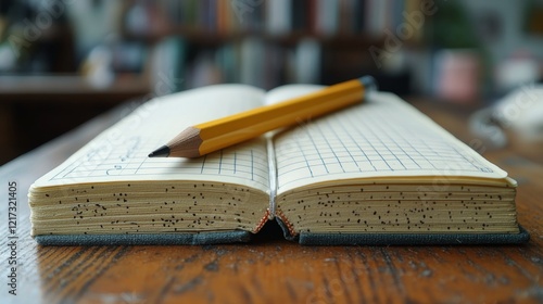 Close-up of an orange pencil resting on a grid notebook page with soft lighti...