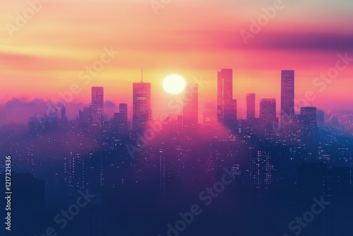 Stunning sunset illuminates city skyline with vibrant colors and silhouettes ...