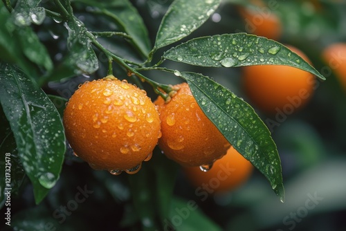 Bright oranges with droplets on leaves in a lush arrangement in a warm, sunli...