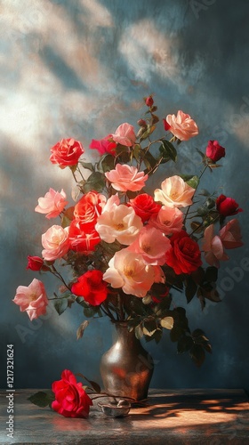 Beautiful bouquet of red and pink roses arranged elegantly for a special occa...