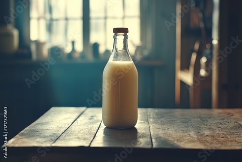 Bottle of milk on wooden table in a rustic kitchen filled with natural light ...