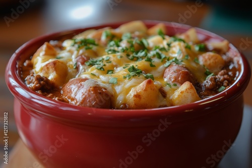 Delicious bowl of hearty chili with cheese and diced potatoes, served hot and...