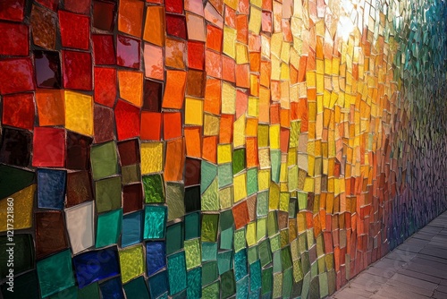 Colorful mosaic wall artwork displays vibrant hues and unique shapes in creat...