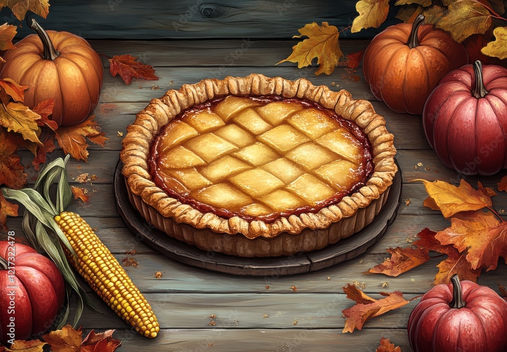 A Delicious Apple Pie Surrounded by Autumn Decorations Featuring Pumpkins, Corn, and Colorful Fall Leaves on a Rustic Wooden Table A Delicious Apple Pie Surrounded by Autumn Decorations Featuring Pumpkins, Corn, and Colorful Fall Leaves on a Rustic Wooden Table