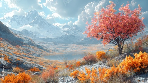 A dreamlike vista with alien plants in vivid hues and a far-off mountain range