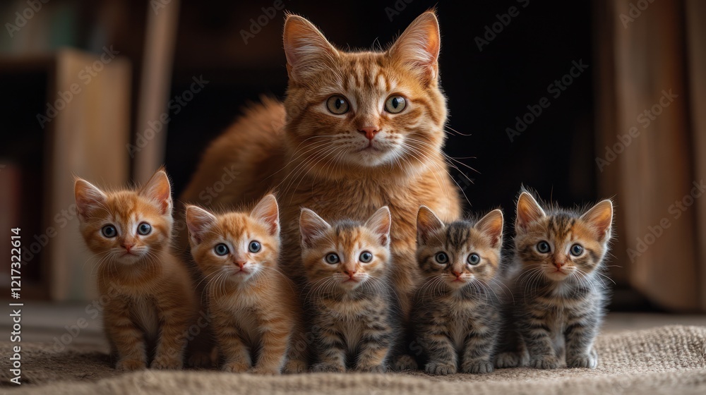 Orange cat with five kittens poses on rug in front of blurry wood furniture Orange cat with five kittens poses on rug in front of blurry wood furniture
