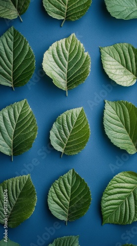 Green leaves against a bright blue background creating a vibrant contrast in ...