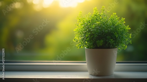 Beautiful green plant in a pot near a window with warm sunlight and autumn fo...
