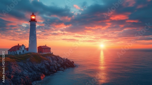 Sunset over the lighthouse on the cliff by the ocean during a serene evening