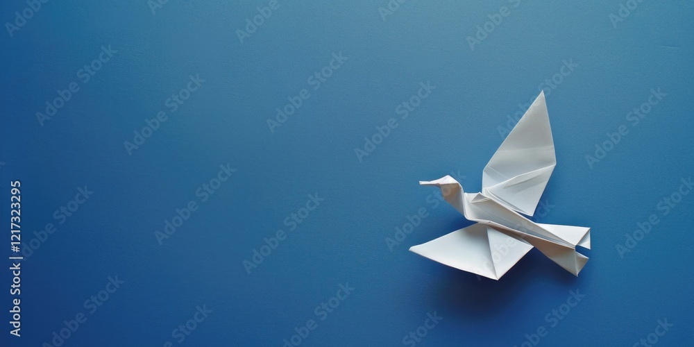 Handmade paper crane against a solid blue background, symbolizing hope and freedom. Minimalist design with origami elements. Handmade paper crane against a solid blue background, symbolizing hope and freedom. Minimalist design with origami elements.