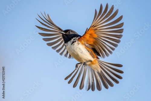 Colorful bird in flight showcasing vibrant plumage against a clear blue sky