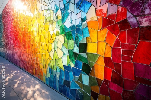 Colorful mosaic wall artwork displays vibrant hues and unique shapes in creat...