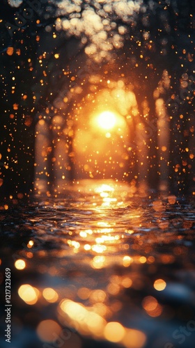 Sunset reflecting on water through a rain-speckled window in a serene evening...