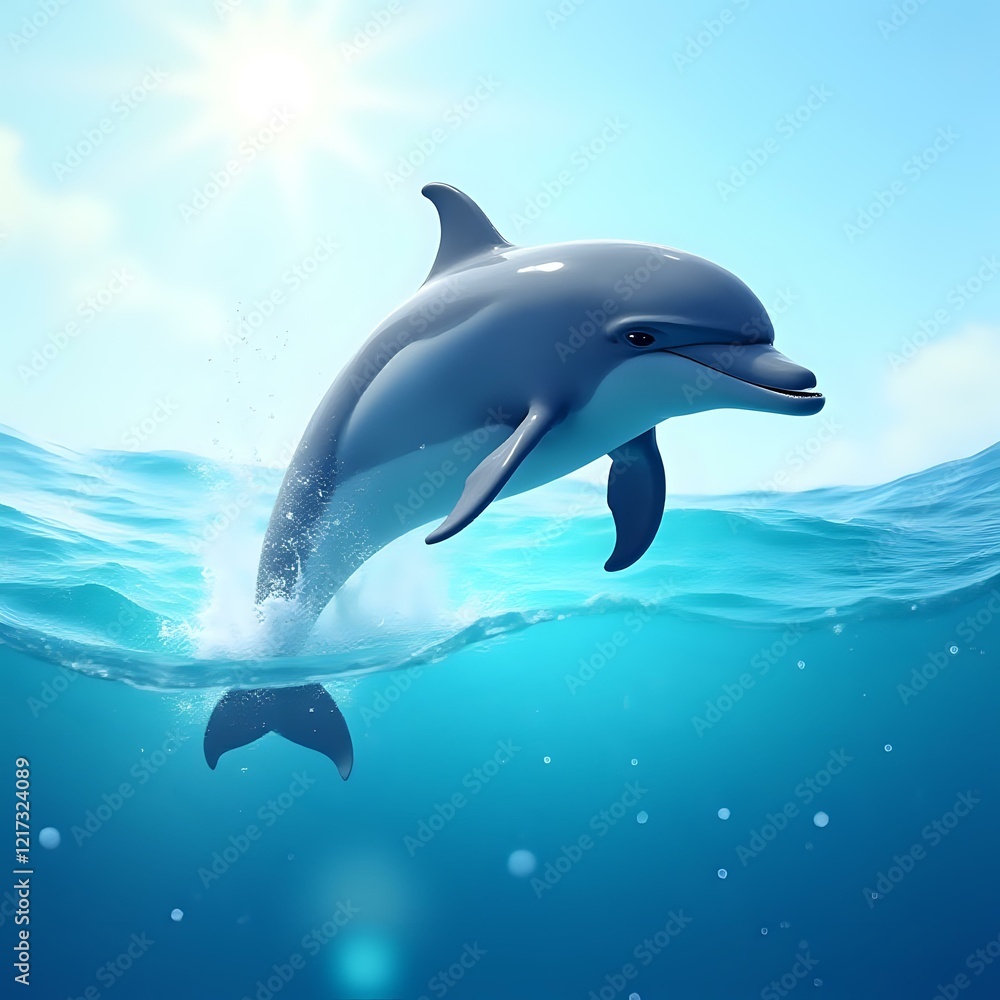 A digitally rendered image of a dolphin leaping out of the water with a bright sun in the background. A digitally rendered image of a dolphin leaping out of the water with a bright sun in the background.