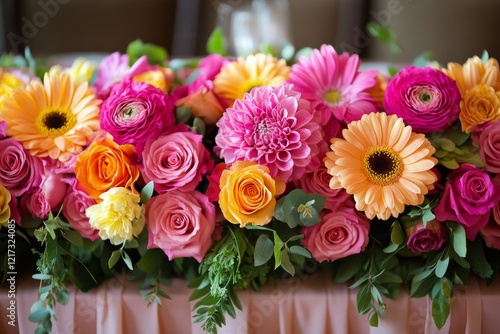Stunning floral arrangement featuring pink and yellow blooms in an elegant se...