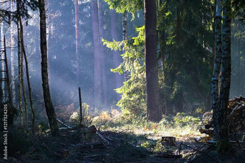 Mglisty poranek w sosnowo świerkowym lesie. Między drzewami unosi się opar mgły. Gałęzie drzew i mgła oświetlane są promeniami wschodzącego słońca.