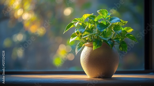 Beautiful green plant in a pot near a window with warm sunlight and autumn fo...