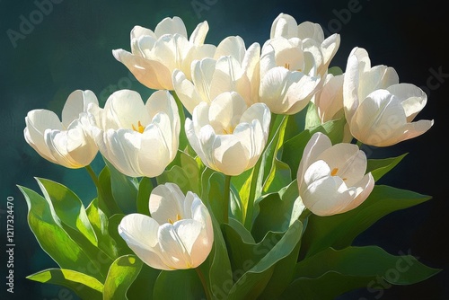 Beautiful white tulips blooming in soft light amidst green leaves in a serene...