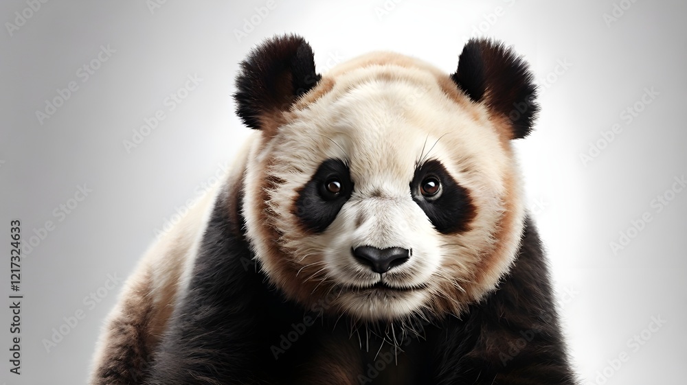 Naklejka premium A photorealistic close-up of a panda, highlighting its fluffy fur and large, soulful eyes, placed on a pure white backdrop with soft lighting to enhance its gentle appeal.
