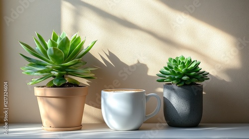 Morning light illuminates a coffee cup beside a succulent plant on a wooden t...