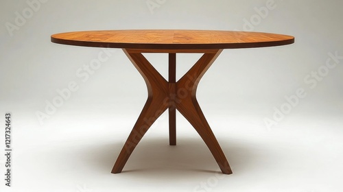 Stylish round wooden table featuring a modern design and unique leg structure...