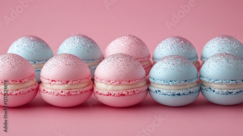 Colorful decorated Easter eggs arranged creatively on a blue background