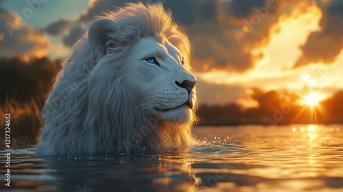 Majestic white lion, sunset river, African savanna, wildlife poster photo