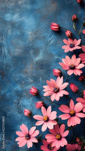 Blossom branch with pink flowers on a blue background showcasing nature's bea...