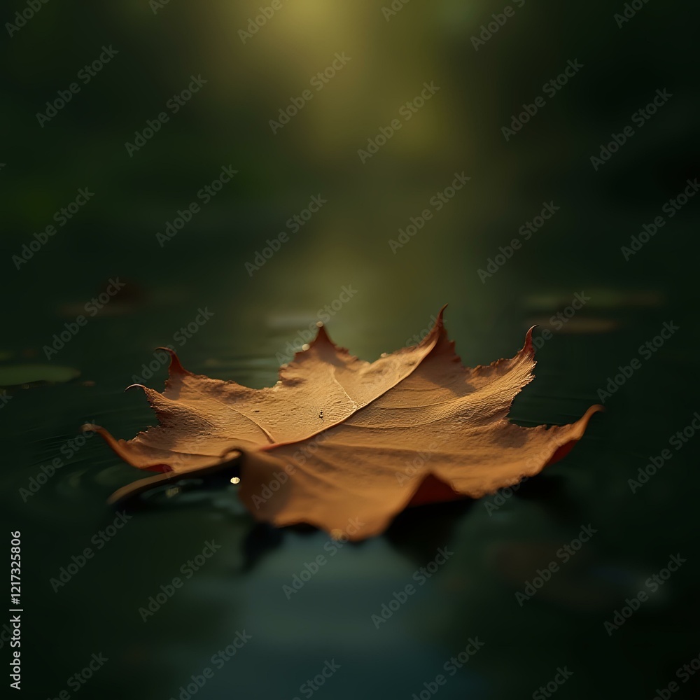The image features a close-up view of a fallen maple leaf floating on the water's surface, with a blurred background suggesting a natural setting. The image features a close-up view of a fallen maple leaf floating on the water's surface, with a blurred background suggesting a natural setting.