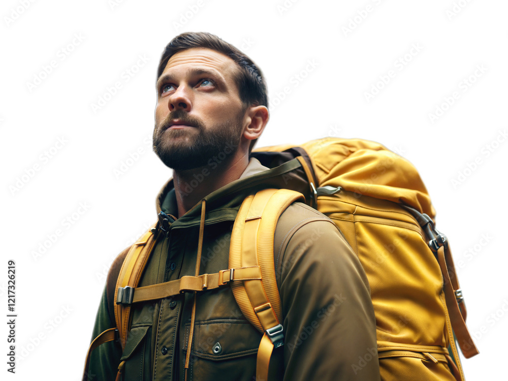 Man with yellow backpack, hiker, adventure and lifestyle concept, isolated on transparent background