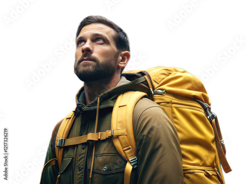 Obraz na płótnie Man with yellow backpack, hiker, adventure and lifestyle concept, isolated on transparent background w salonie