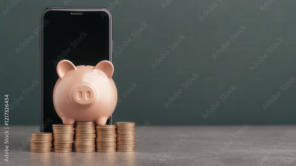 Digital piggy bank with coins flowing from a phone screen, Savings, digital banking, financial goals