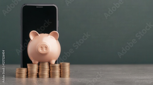Obraz na płótnie Digital piggy bank with coins flowing from a phone screen, Savings, digital banking, financial goals w salonie