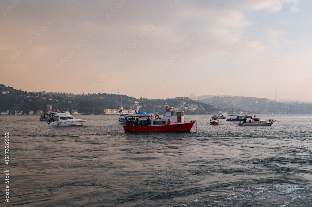 Beautiful sunset view of the Bosphorus coast, seagulls and boats Istanbul, Turkey. Beautiful sunset view of the Bosphorus coast, seagulls and boats Istanbul, Turkey.