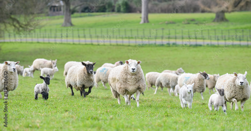 Obraz premium Flock of sheep and lambs moving across field in rural Shropshire on a Spring day. 