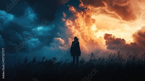 A woman stands in a field of tall grass, gazing up at a dramatic sky.
