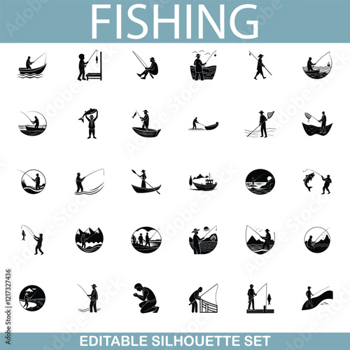 Fishing Silhouettes Editable Set of Anglers, Boats, and Gear