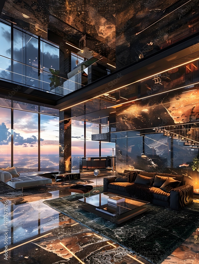 Illustration of A luxurious penthouse with cutting-edge design, partially engulfed in a digital storm, blending opulence with technological chaos. Ai Generate.
Illustration of A luxurious penthouse with cutting-edge design, partially engulfed in a digital storm, blending opulence with technological chaos. Ai Generate.