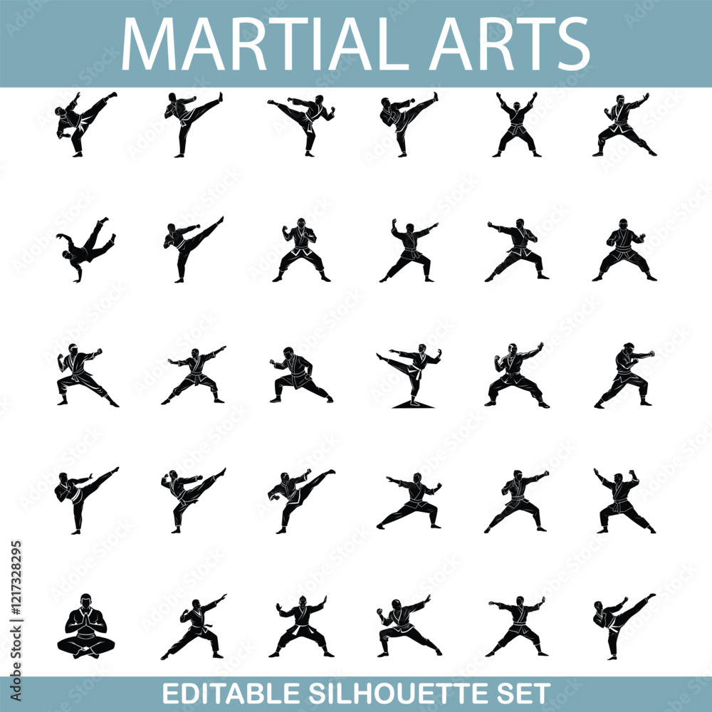 Martial Arts Silhouettes Editable Vector Set of Fighting Poses Martial Arts Silhouettes Editable Vector Set of Fighting Poses