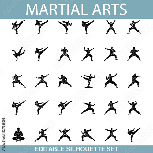 Martial Arts Silhouettes Editable Vector Set of Fighting Poses