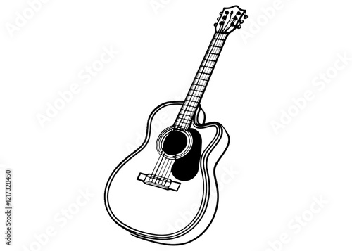  Hand drawn Vector illustration. String plucked musical instrument.Hand drawn cute outline illustration of camping guitar. Flat acoustic music instrument sticker in line art doodle style.