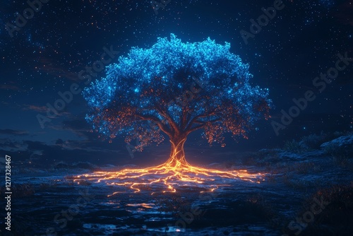 In a dreamlike, minimalist environment, a single tree rises, its roots imbued with glowing neon lines that stretch across the land, connecting it to far-off lights photo