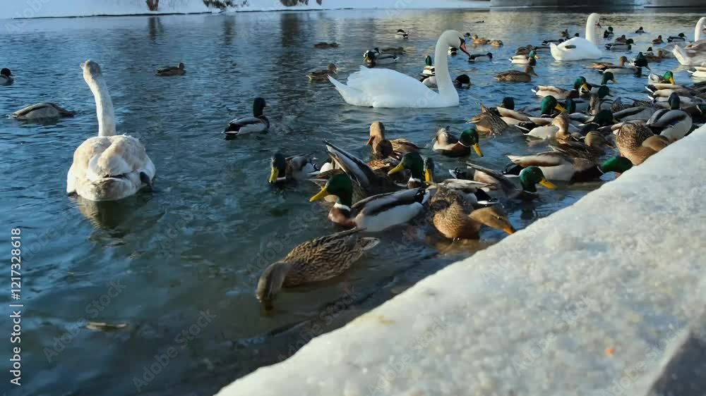 A family of swans and a large group of ducks swim along the river bank in a city park. City dwellers feed the birds. A winter, sunny day. High quality 4k footage. 