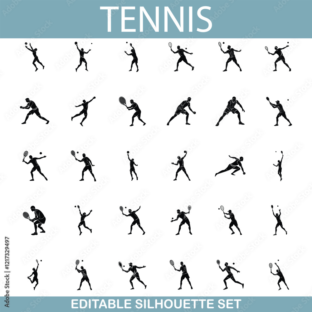 Naklejka premium Tennis Player Silhouettes Editable Vector Set for Design