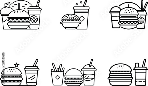 Burger and a drink line art vector set, burger and a drink silhouette vector illustration, burger and a drink isolated icon design