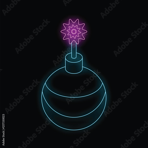 Neon bomb with burning wick on black background representing danger, terrorism, and explosion