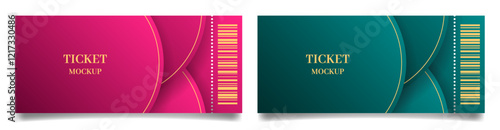 Ticket mockups with bar codes and shadows. Background template with pink and teal abstract pattern. Concert, movie or theater ticket. Lottery, sale coupon	