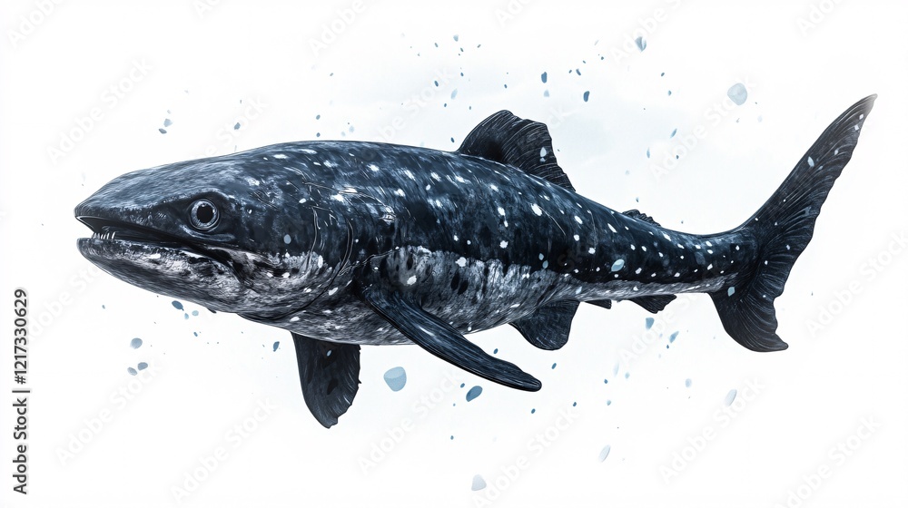 Fototapeta premium A realistic illustration of a large, black-spotted shark swimming through clear waters.