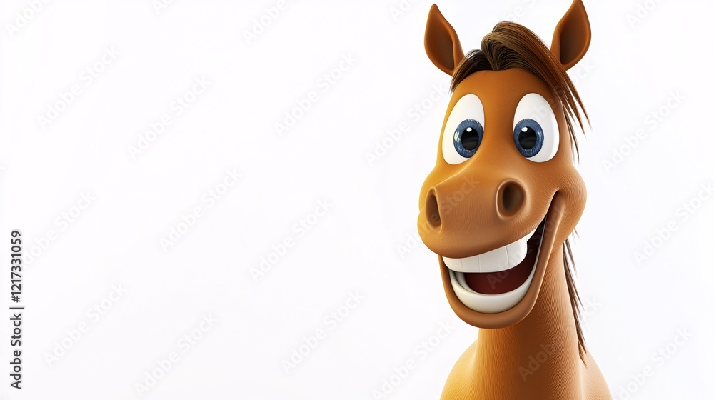 Obraz premium A cheerful cartoon horse with a big smile and bright eyes, set against a clean white background.