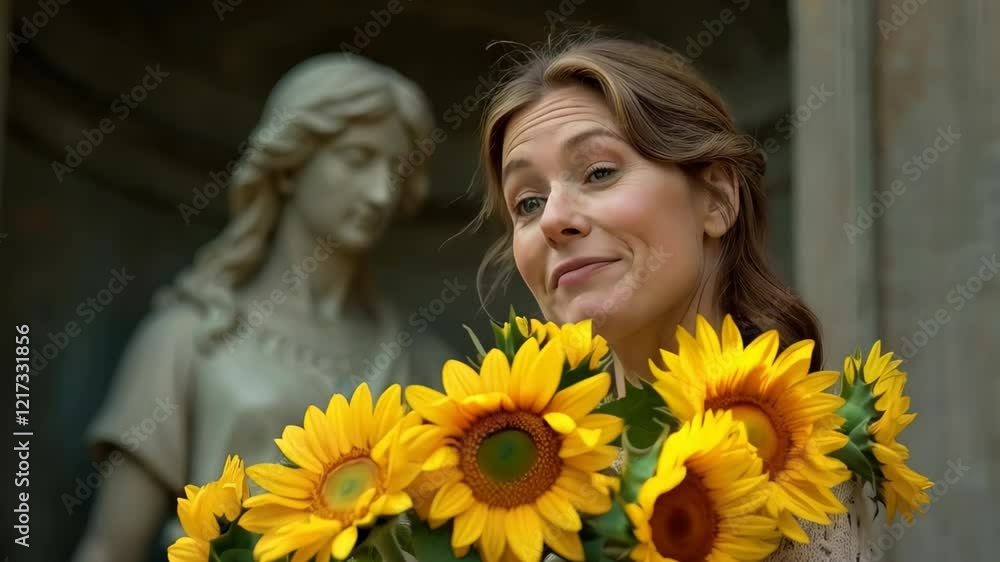 Woman holds a bright, lush bouquet of sunflowers, speaking and smiling. Concept mothers day,womens day, happy mothers day,international womens day. Woman holds a bright, lush bouquet of sunflowers, speaking and smiling. Concept mothers day,womens day, happy mothers day,international womens day.